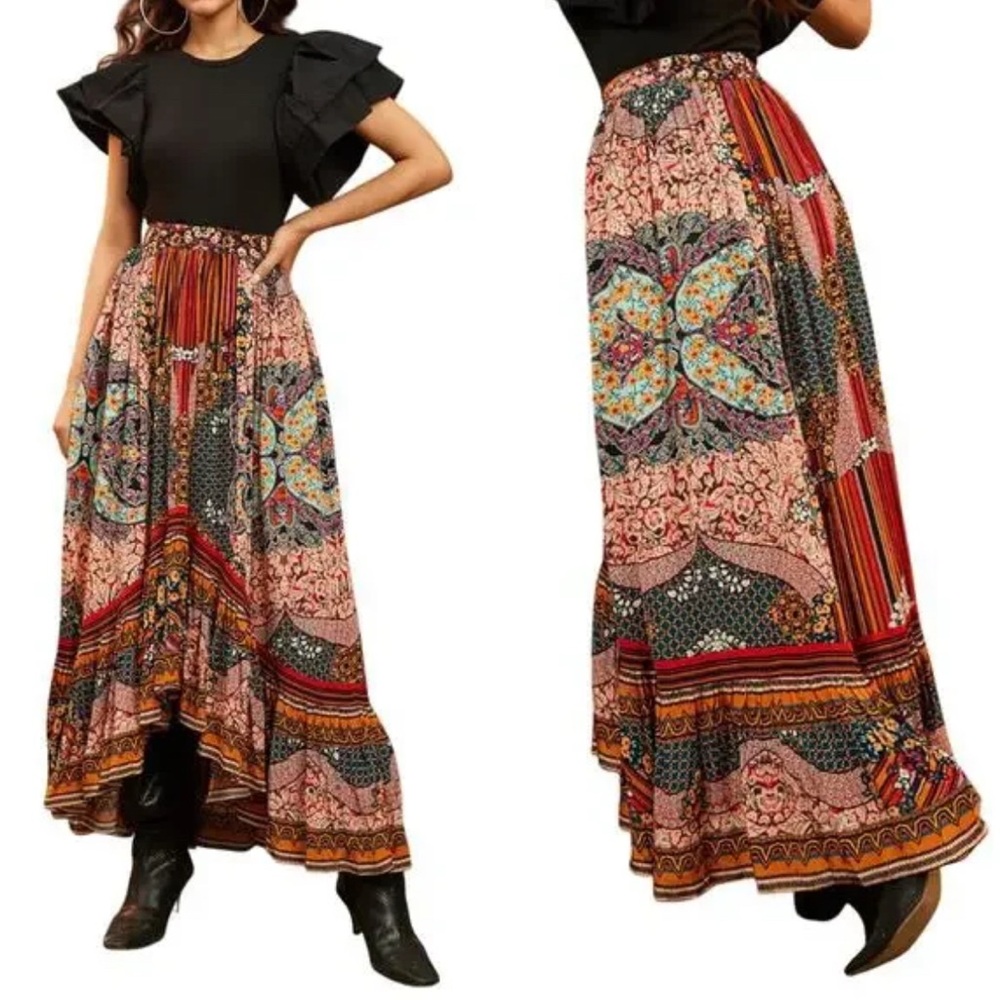 Bhanuni by Jyoti Anthropologie Allaire Hi Low Floral Mix maxi Skirt